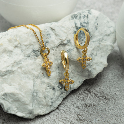 Gold & Rose-Plated Minimalist Women's Cross Necklace & Earrings Set - Mother's Day Gift for Her (UK)