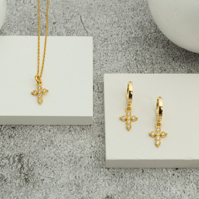 Gold & Rose-Plated Minimalist Women's Cross Necklace & Earrings Set - Mother's Day Gift for Her (UK)