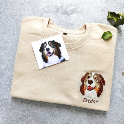 Custom Embroidered Dog Portrait Sweatshirt - Personalized Pet Face & Name Hoodie Gift