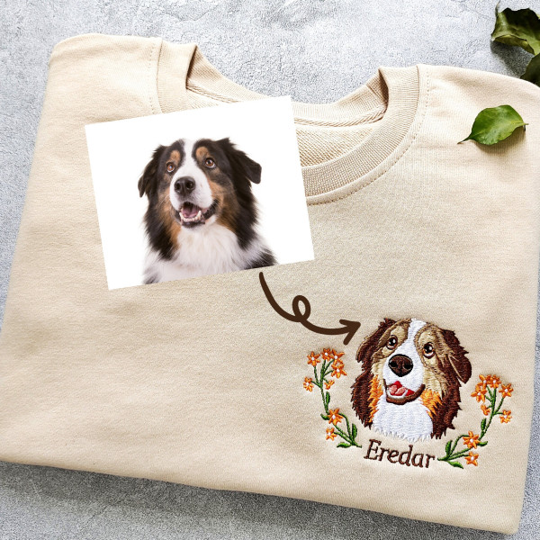 Custom Embroidered Dog Portrait Sweatshirt - Personalized Pet Face & Name Hoodie Gift