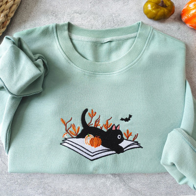 Embroidered Halloween Cat Sweatshirt, Fall Black Cat Crewneck, Book-themed Sweater