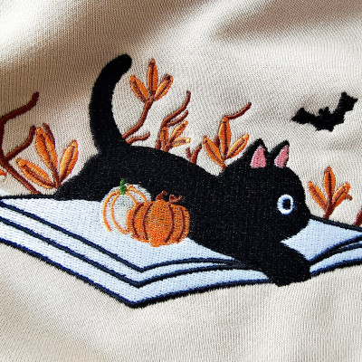 Embroidered Halloween Cat Sweatshirt, Fall Black Cat Crewneck, Book-themed Sweater