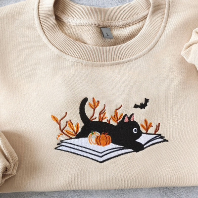 Embroidered Halloween Cat Sweatshirt, Fall Black Cat Crewneck, Book-themed Sweater