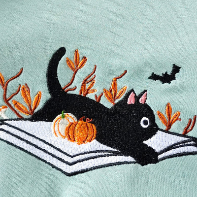 Embroidered Halloween Cat Sweatshirt, Fall Black Cat Crewneck, Book-themed Sweater