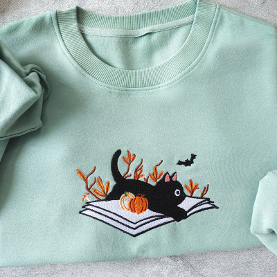 Embroidered Halloween Cat Sweatshirt, Fall Black Cat Crewneck, Book-themed Sweater