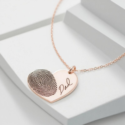 Custom Heart Charm Fingerprint Necklace - Engraved Handwriting Jewelry - Personalized Christmas Gift