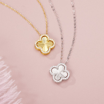 14k Gold Filled Four Leaf Clover Necklace with Elegant Silver Zircon Stone