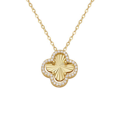14k Gold Filled Four Leaf Clover Necklace with Elegant Silver Zircon Stone