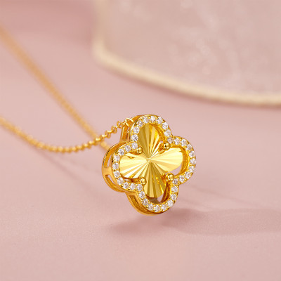 14k Gold Filled Four Leaf Clover Necklace with Elegant Silver Zircon Stone
