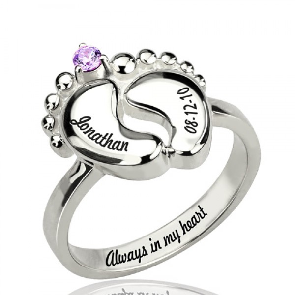 Engraved Baby Feet Ring with Birthstone Silver - Custom Jewellery By All Uniqueness