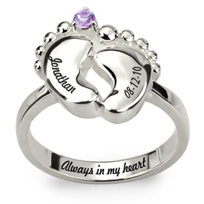 Engraved Baby Feet Ring with Birthstone Silver - Custom Jewellery By All Uniqueness