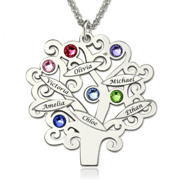 Engraved Family Tree Necklace with Birthstones Silver - Custom Jewellery By All Uniqueness