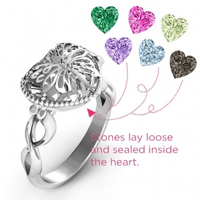 Silver Butterfly Caged Hearts Ring with Infinity Band - Custom Jewellery By All Uniqueness