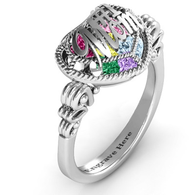 #1 Mom Caged Hearts Ring with Butterfly Wings Band - Custom Jewellery By All Uniqueness