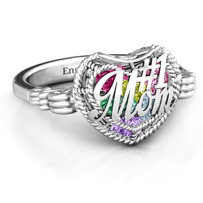 #1 Mom Caged Hearts Ring with Butterfly Wings Band - Custom Jewellery By All Uniqueness