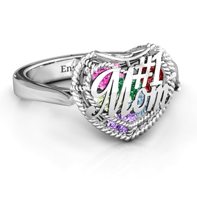 #1 Mom Caged Hearts Ring with Ski Tip Band - Custom Jewellery By All Uniqueness