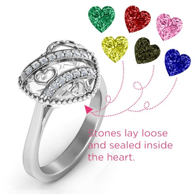 Sparkling Hearts Caged Hearts Ring with Ski Tip Band - Custom Jewellery By All Uniqueness