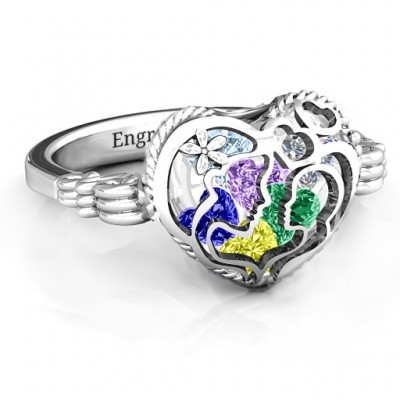 Mother and Child Caged Hearts Ring with Butterfly Wings Band - Custom Jewellery By All Uniqueness