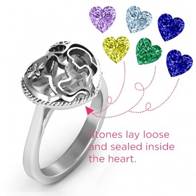 Mother and Child Caged Hearts Ring with Ski Tip Band - Custom Jewellery By All Uniqueness
