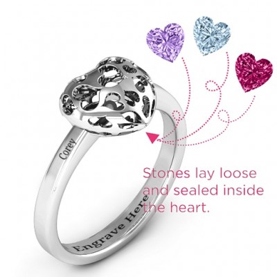 Heart Cut-out Petite Caged Hearts Ring with Classic with Engravings Band - Custom Jewellery By All Uniqueness