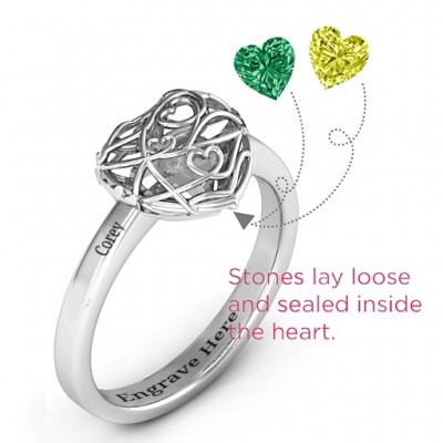 Encased in Love Petite Caged Hearts Ring with Classic with Engravings Band - Custom Jewellery By All Uniqueness