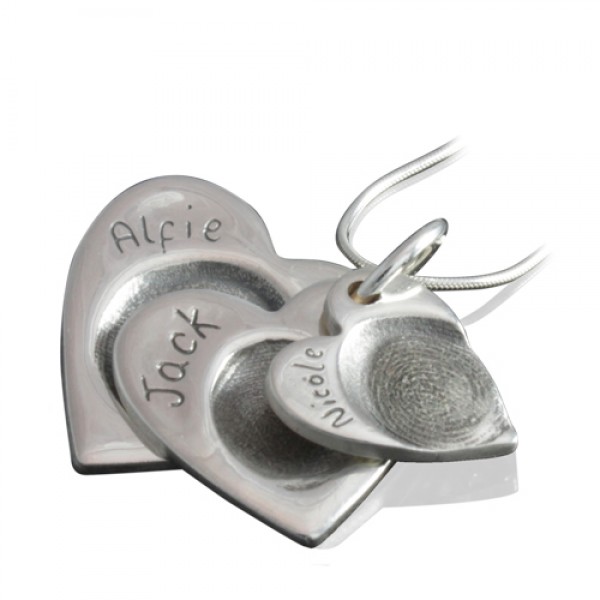 925 Silver FingerPrint Cascade Triple Heart Pendant - Custom Jewellery By All Uniqueness