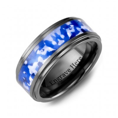 Blue Marine Camouflage Ceramic Wedding Ring - Custom Jewellery By All Uniqueness
