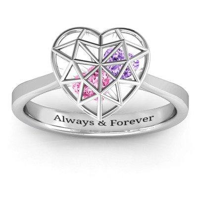 Diamond Heart Cage Ring With Encased Heart Stones - Custom Jewellery By All Uniqueness