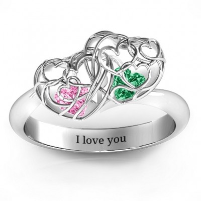 Double Heart Cage Ring with 1-6 Heart Shaped Birthstones - Custom Jewellery By All Uniqueness