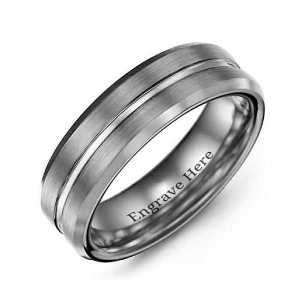 Men s Brushed Grooved Centre Beveled Tungsten Ring - Custom Jewellery By All Uniqueness