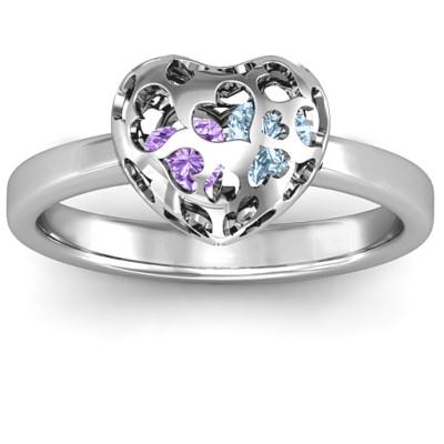 Silver Petite Caged Hearts Ring with 1-3 Stones - Custom Jewellery By All Uniqueness