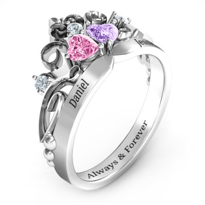 Silver Royal Romance Double Heart Tiara Ring with Engravings - Custom Jewellery By All Uniqueness