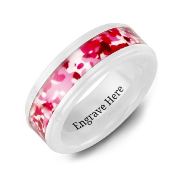 White Ceramic Ring with Colorful Camouflage Centrepiece - Custom Jewellery By All Uniqueness