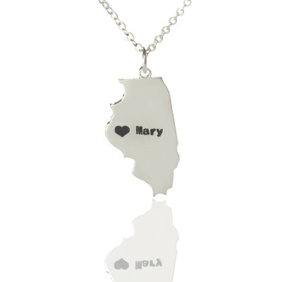 Illinois State Shaped Necklaces With Heart Name Silver - Custom Jewellery By All Uniqueness