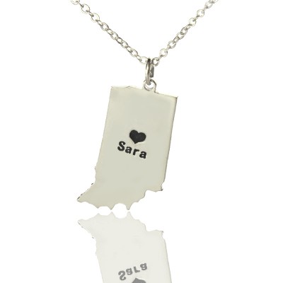 Custom Indiana State Shaped Necklaces With Heart Name Silver - Custom Jewellery By All Uniqueness