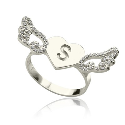 Heart Angel Wings Ring Engraved Initial Birthstone Silver - Custom Jewellery By All Uniqueness