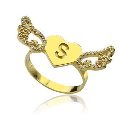 Angel Wings Heart Ring with Birthstone Initial Gold Plated - Custom Jewellery By All Uniqueness