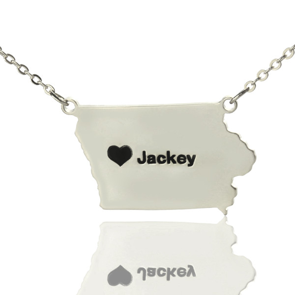 Iowa State USA Map Necklace With Heart Name Silver - Custom Jewellery By All Uniqueness