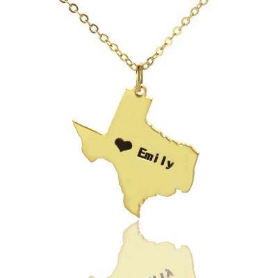 Texas State USA Map Necklace With Heart Name Gold Plated - Custom Jewellery By All Uniqueness