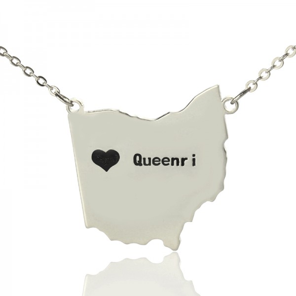 Custom Ohio State USA Map Necklace With Heart Name Silver - Custom Jewellery By All Uniqueness
