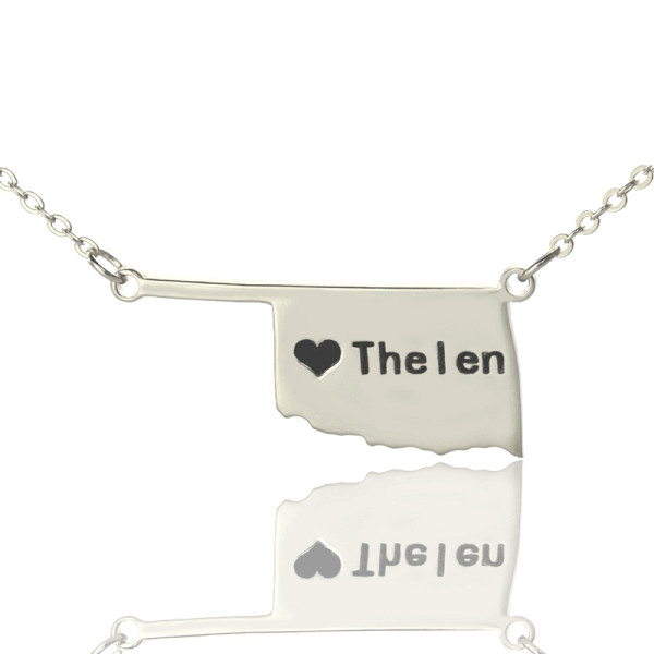 America Oklahoma State USA Map Necklace With Heart Name Silver - Custom Jewellery By All Uniqueness