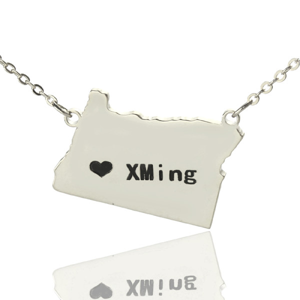 Custom Oregon State USA Map Necklace With Heart Name Silver - Custom Jewellery By All Uniqueness