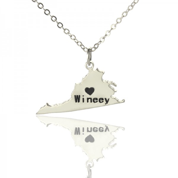 Virginia State USA Map Necklace With Heart Name Silver - Custom Jewellery By All Uniqueness