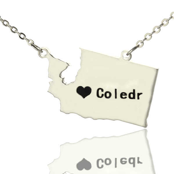 Washington State USA Map Necklace With Heart Name Silver - Custom Jewellery By All Uniqueness