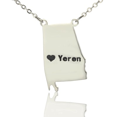 Custom Alabama State USA Map Necklace With Heart Name Silver - Custom Jewellery By All Uniqueness