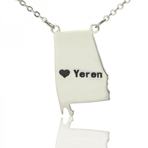 Custom Alabama State USA Map Necklace With Heart Name Silver - Custom Jewellery By All Uniqueness