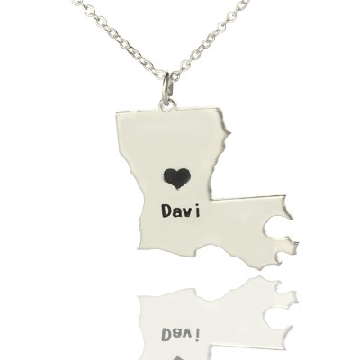 Custom Louisiana State Shaped Necklaces With Heart Name Silver - Custom Jewellery By All Uniqueness