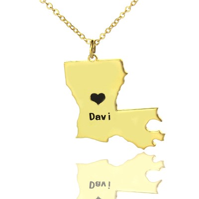 Custom Louisiana State Shaped Necklaces With Heart Name Gold Plated - Custom Jewellery By All Uniqueness