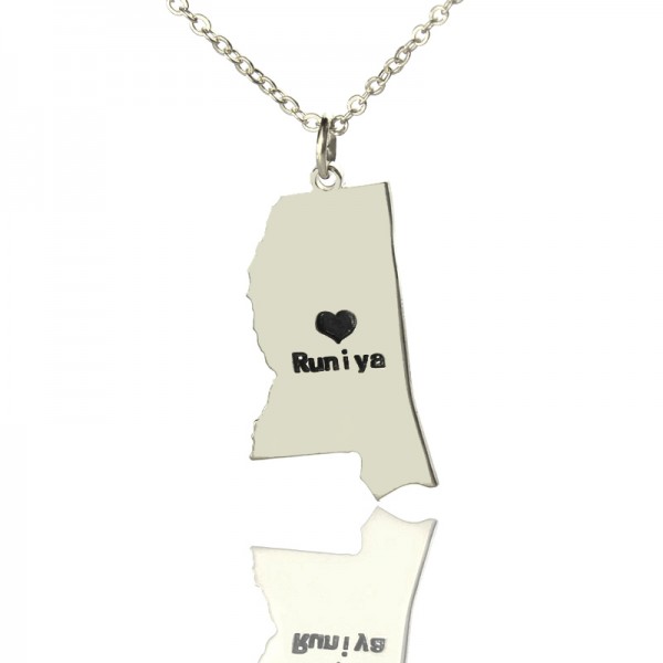 Mississippi State Shaped Necklaces With Heart Name Silver - Custom Jewellery By All Uniqueness