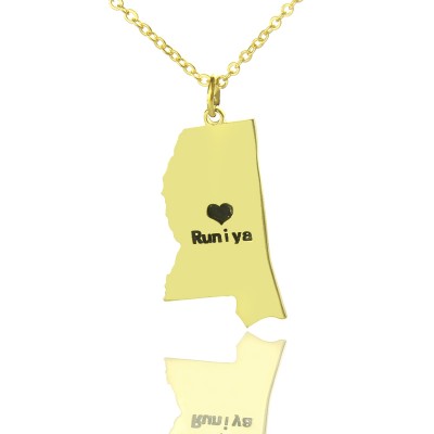 Mississippi State Shaped Necklaces With Heart Name Gold Plated - Custom Jewellery By All Uniqueness